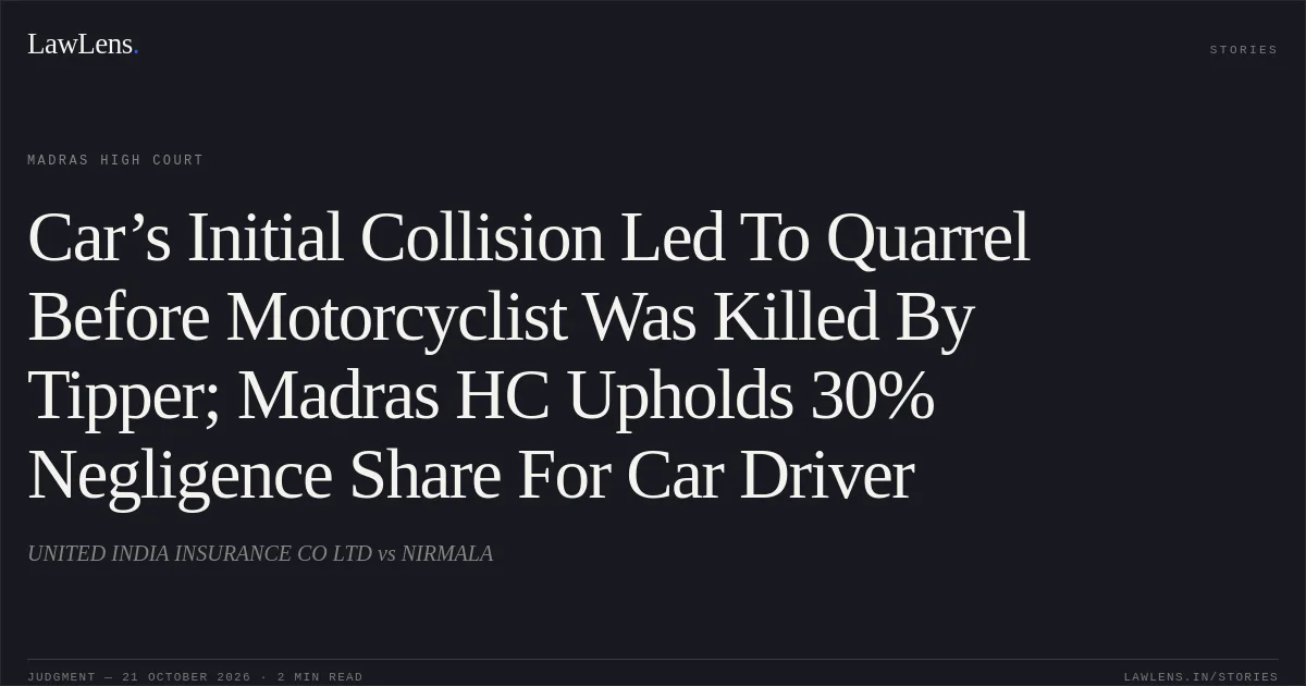 Car’s Initial Collision Led To Quarrel Before Motorcyclist Was Killed By Tipper; Madras HC Upholds 30% Negligence Share For Car Driver. UNITED INDIA INSURANCE CO LTD vs NIRMALA. Madras High Court. LawLens
