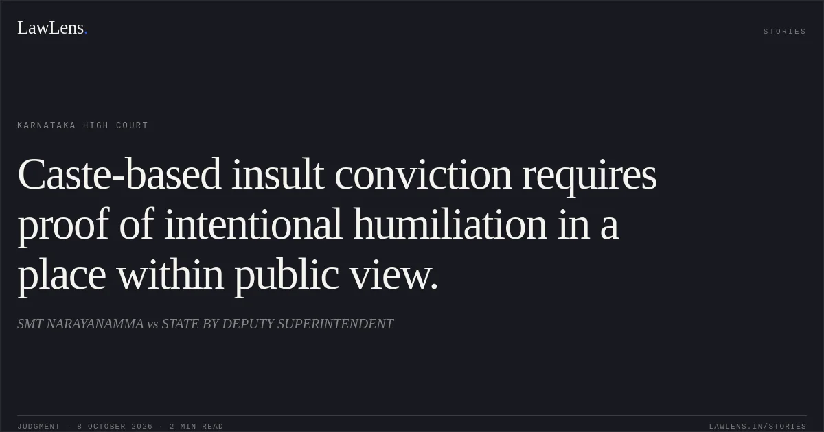 Caste-based insult conviction requires proof of intentional humiliation in a place within public view.. SMT NARAYANAMMA vs STATE BY DEPUTY SUPERINTENDENT. Karnataka High Court. LawLens