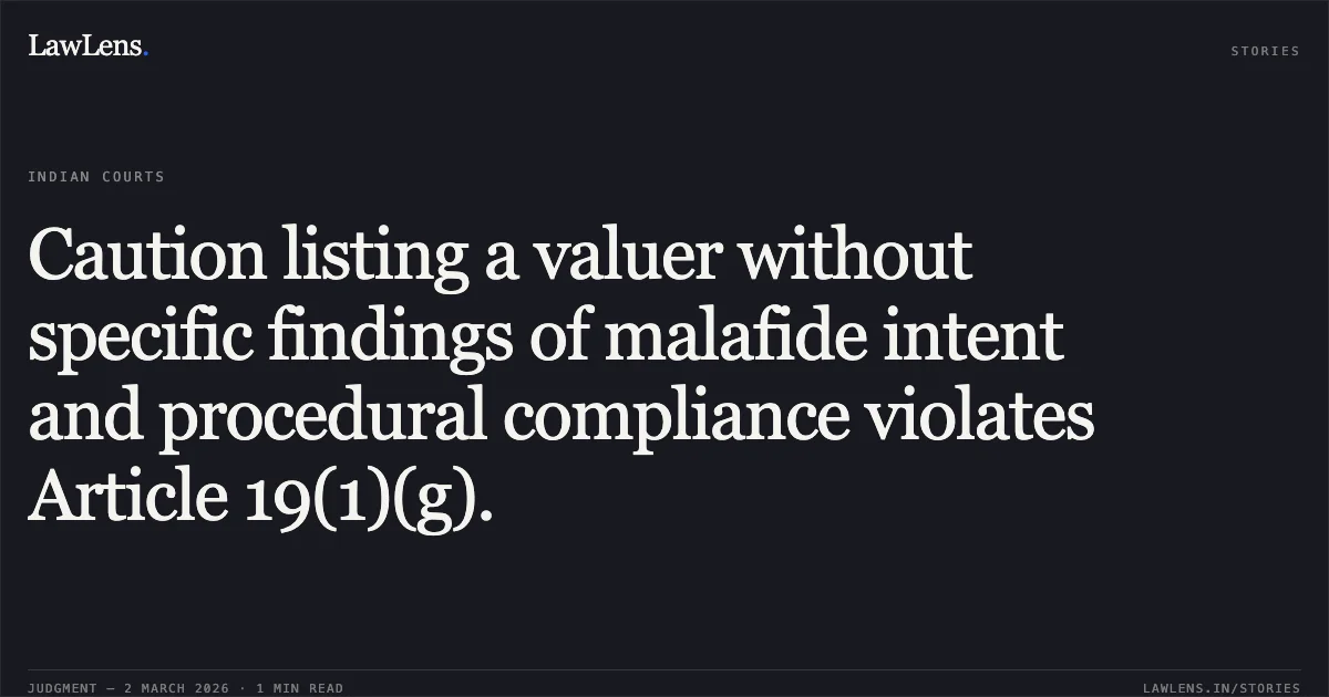 Caution listing a valuer without specific findings of malafide intent and procedural compliance violates Article 19(1)(g).. Sri. Swarupananda Gouda K.S. v. Indian Banks’ Association and Others [NC: 2026:KHC:11946]. Karnataka High Court. LawLens