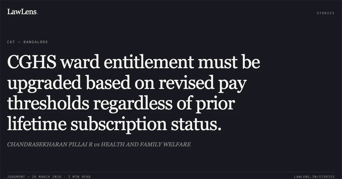 CGHS ward entitlement must be upgraded based on revised pay thresholds regardless of prior lifetime subscription status.. CHANDRASEKHARAN PILLAI R vs HEALTH AND FAMILY WELFARE. CAT - Bangalore. LawLens