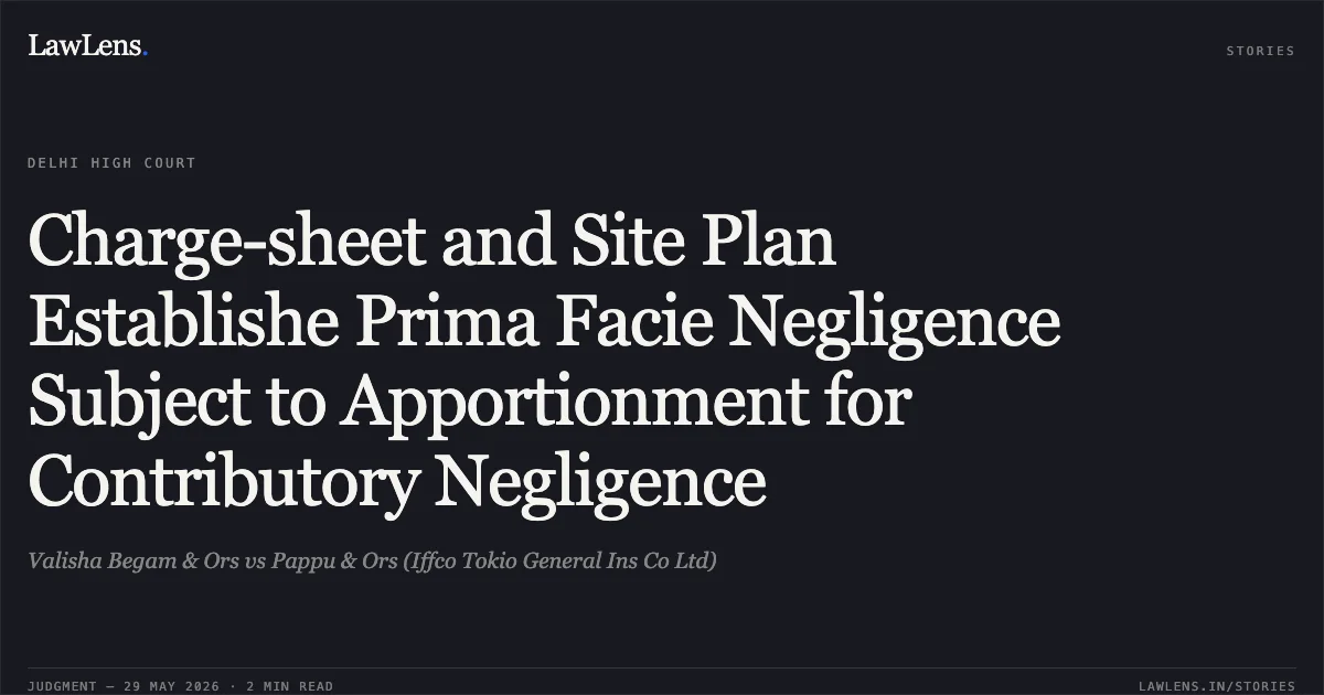 Charge-sheet and Site Plan Establishe Prima Facie Negligence Subject to Apportionment for Contributory Negligence. Valisha Begam & Ors vs Pappu & Ors (Iffco Tokio General Ins Co Ltd). Delhi High Court. LawLens