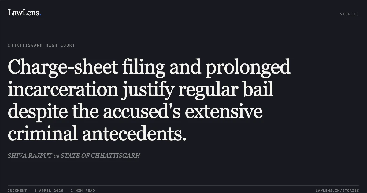 Charge-sheet filing and prolonged incarceration justify regular bail despite the accused's extensive criminal antecedents.. SHIVA RAJPUT vs STATE OF CHHATTISGARH. Chhattisgarh High Court. LawLens
