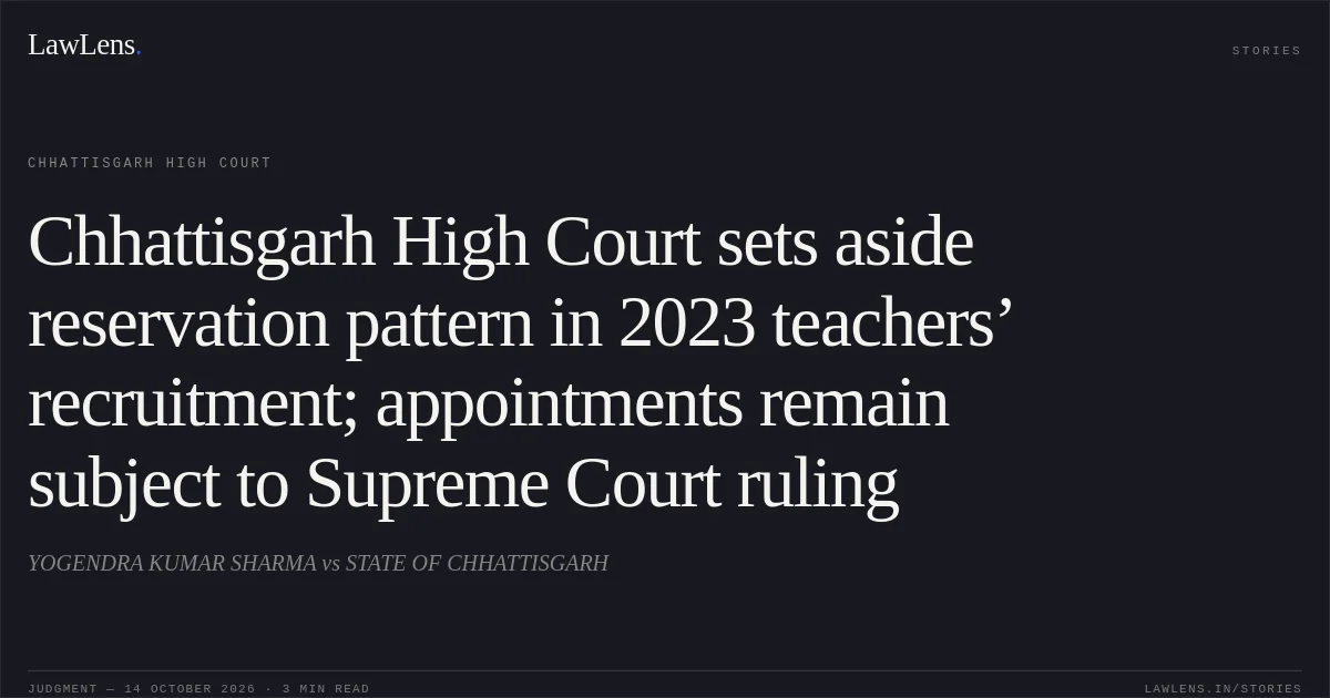Chhattisgarh High Court sets aside reservation pattern in 2023 teachers’ recruitment; appointments remain subject to Supreme Court ruling. YOGENDRA KUMAR SHARMA vs STATE OF CHHATTISGARH. Chhattisgarh High Court. LawLens