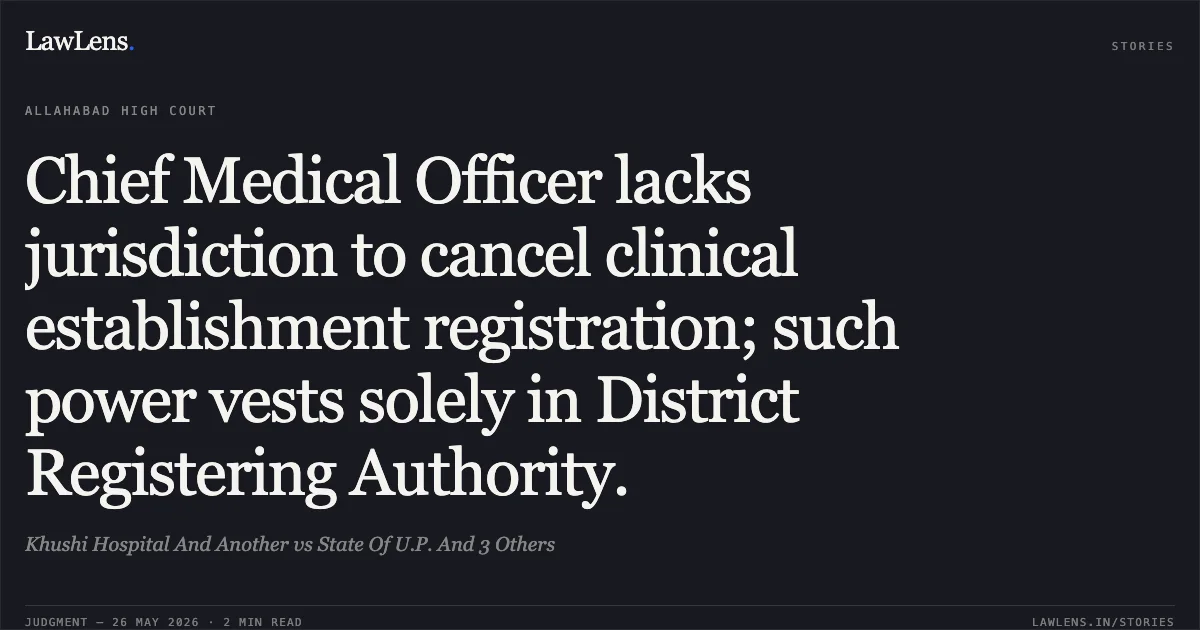 Chief Medical Officer lacks jurisdiction to cancel clinical establishment registration; such power vests solely in District Registering Authority.. Khushi Hospital And Another vs State Of U.P. And 3 Others. Allahabad High Court. LawLens