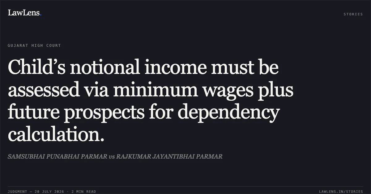 Child’s notional income must be assessed via minimum wages plus future prospects for dependency calculation.. SAMSUBHAI PUNABHAI PARMAR vs RAJKUMAR JAYANTIBHAI PARMAR. Gujarat High Court. LawLens