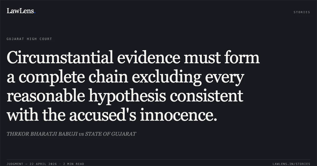 Circumstantial evidence must form a complete chain excluding every reasonable hypothesis consistent with the accused's innocence.. THRKOR BHARATJI BABUJI vs STATE OF GUJARAT. Gujarat High Court. LawLens