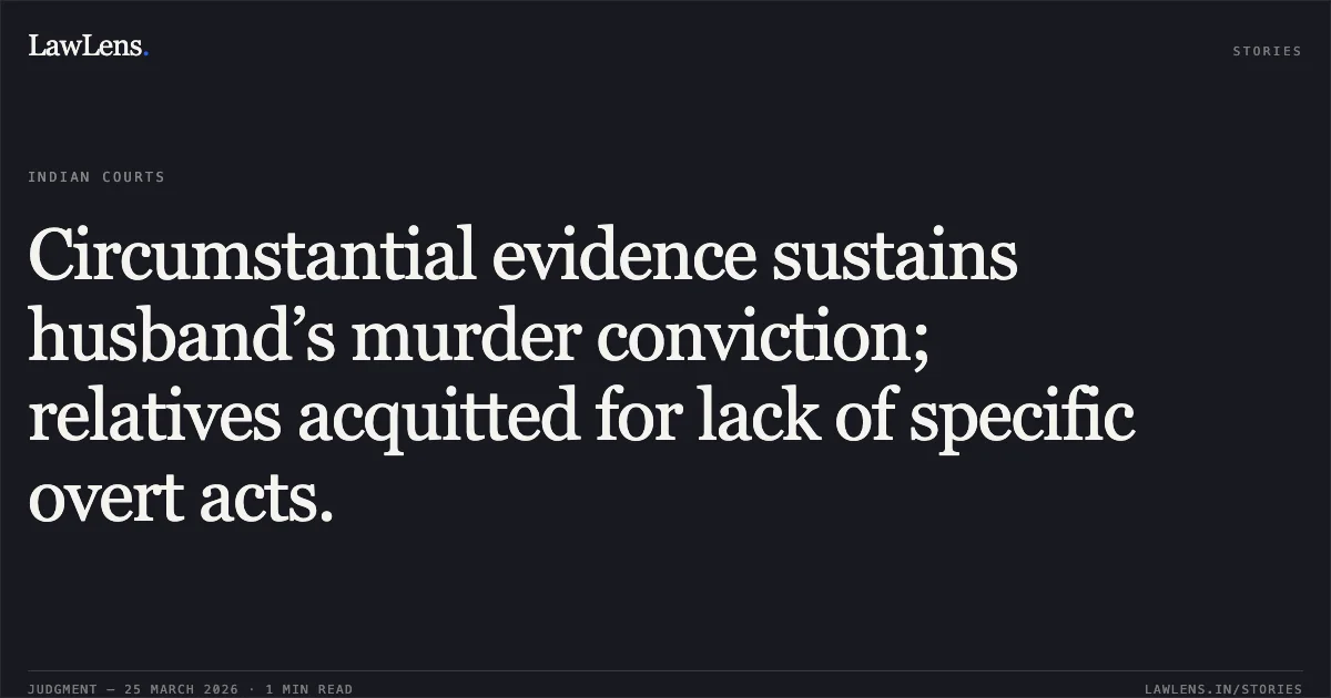 Circumstantial evidence sustains husband’s murder conviction; relatives acquitted for lack of specific overt acts.. AMIR MIAN And ANR vs STATE OF JHARKHAND. Jharkhand High Court. LawLens