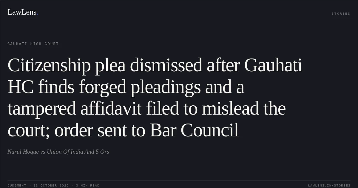 Citizenship plea dismissed after Gauhati HC finds forged pleadings and a tampered affidavit filed to mislead the court; order sent to Bar Council. Nurul Hoque vs Union Of India And 5 Ors. Gauhati High Court. LawLens