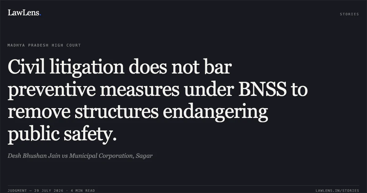 Civil litigation does not bar preventive measures under BNSS to remove structures endangering public safety.. Desh Bhushan Jain vs Municipal Corporation, Sagar. Madhya Pradesh High Court. LawLens