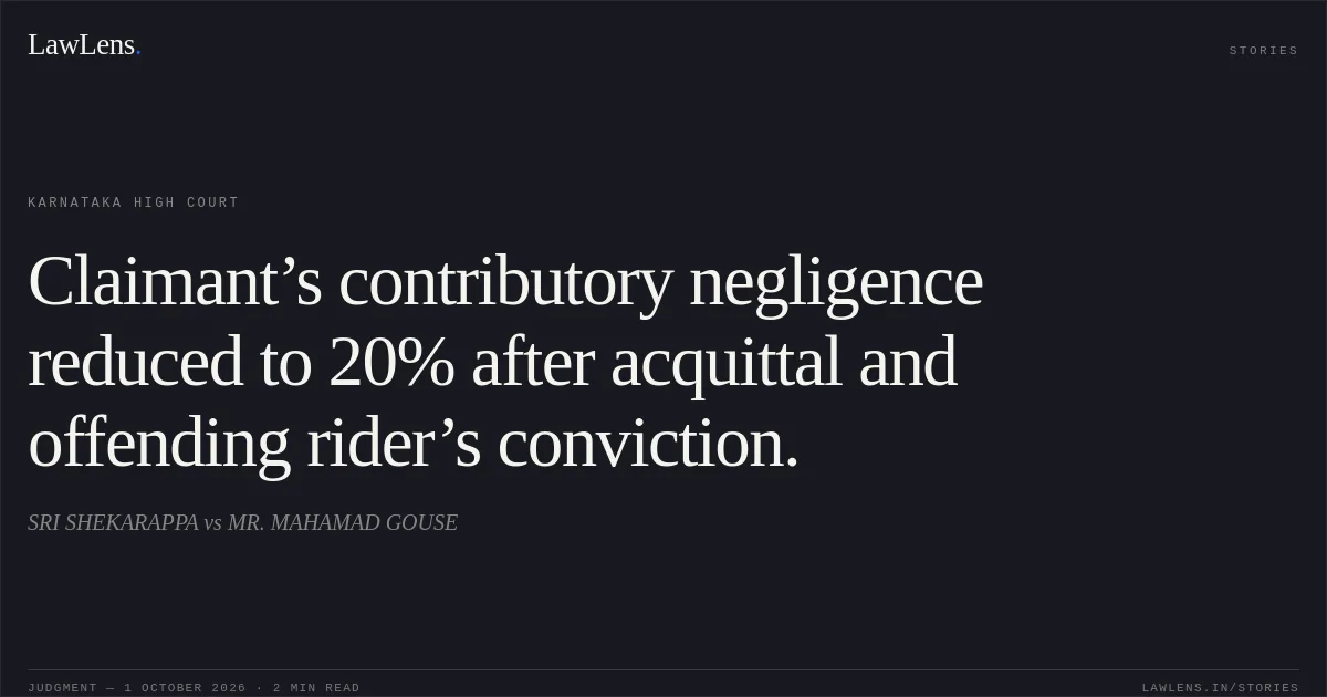 Claimant’s contributory negligence reduced to 20% after acquittal and offending rider’s conviction.. SRI SHEKARAPPA vs MR. MAHAMAD GOUSE. Karnataka High Court. LawLens