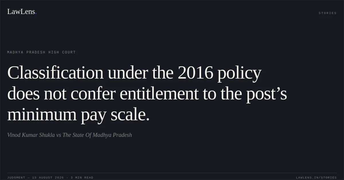 Classification under the 2016 policy does not confer entitlement to the post’s minimum pay scale.. Vinod Kumar Shukla vs The State Of Madhya Pradesh. Madhya Pradesh High Court. LawLens