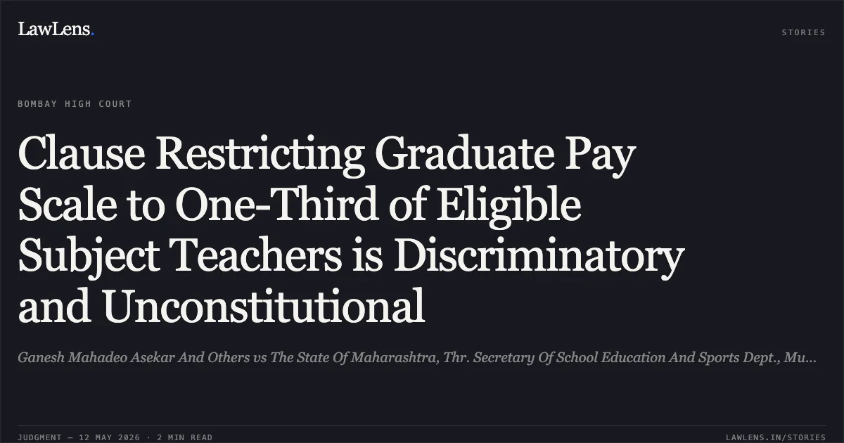 Clause Restricting Graduate Pay Scale to One-Third of Eligible Subject Teachers is Discriminatory and Unconstitutional. Ganesh Mahadeo Asekar And Others vs The State Of Maharashtra, Thr. Secretary Of School Education And Sports Dept., Mumbai And Others. Bombay High Court. LawLens