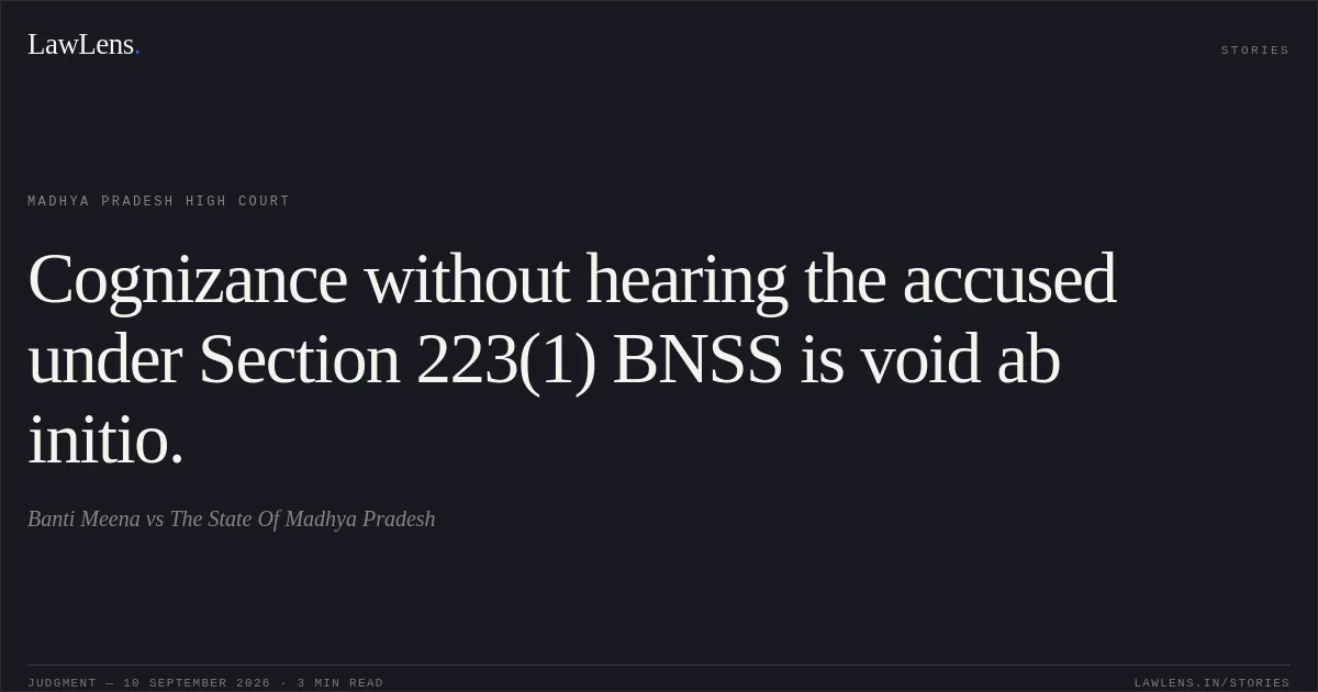 Cognizance without hearing the accused under Section 223(1) BNSS is void ab initio.. Banti Meena vs The State Of Madhya Pradesh. Madhya Pradesh High Court. LawLens