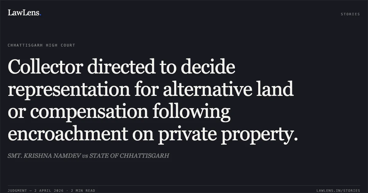 Collector directed to decide representation for alternative land or compensation following encroachment on private property.. SMT. KRISHNA NAMDEV vs STATE OF CHHATTISGARH. Chhattisgarh High Court. LawLens