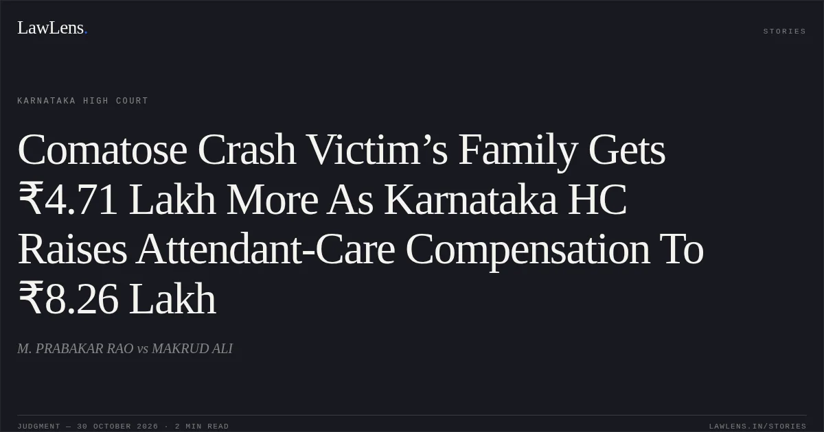 Comatose Crash Victim’s Family Gets ₹4.71 Lakh More As Karnataka HC Raises Attendant-Care Compensation To ₹8.26 Lakh. M. PRABAKAR RAO vs MAKRUD ALI. Karnataka High Court. LawLens