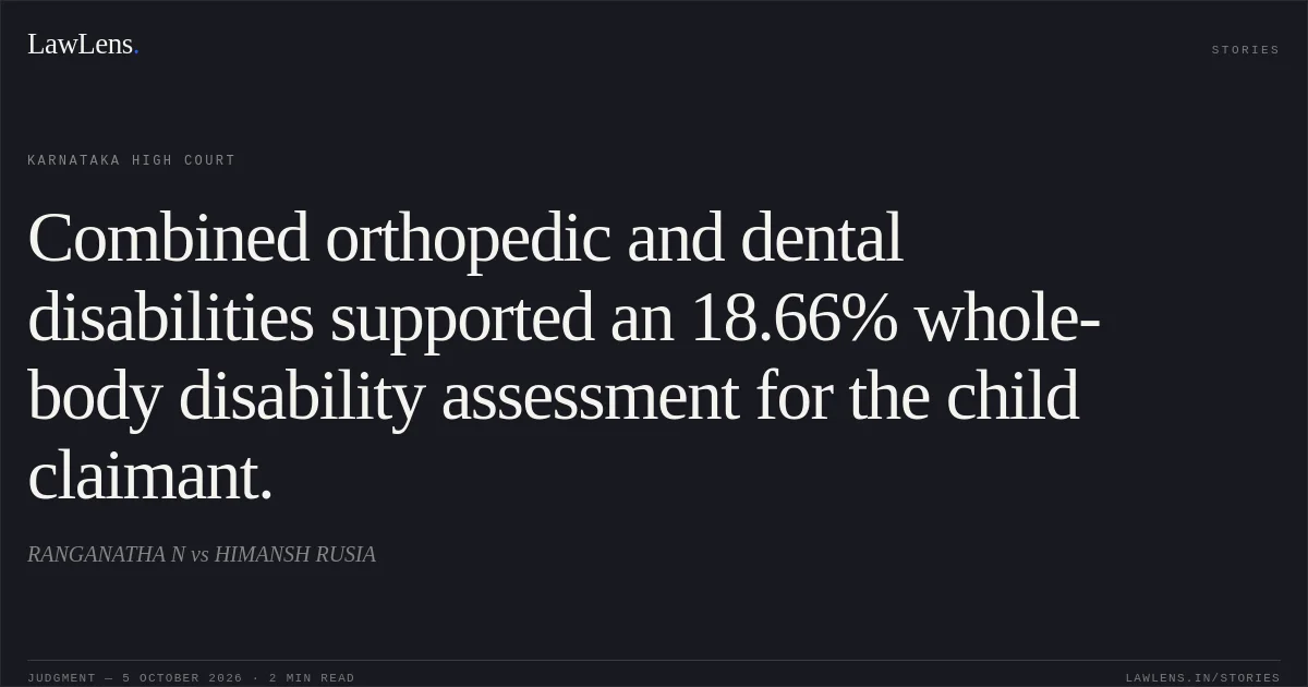 Combined orthopedic and dental disabilities supported an 18.66% whole-body disability assessment for the child claimant.. RANGANATHA N vs HIMANSH RUSIA. Karnataka High Court. LawLens