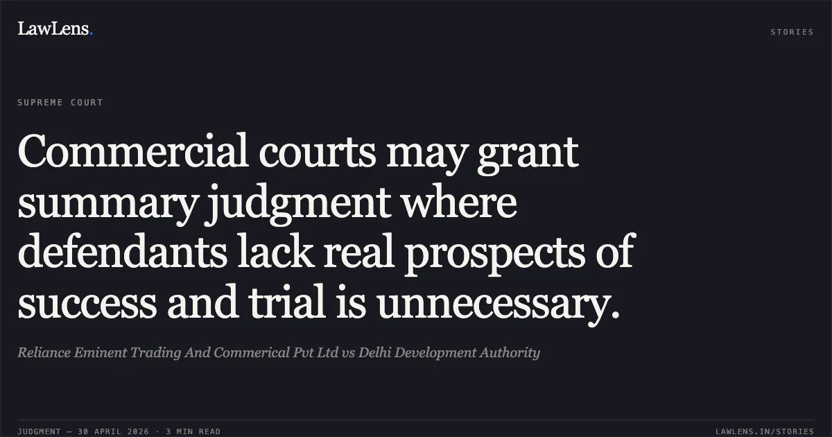 Commercial courts may grant summary judgment where defendants lack real prospects of success and trial is unnecessary.. Reliance Eminent Trading And Commerical Pvt Ltd vs Delhi Development Authority. Supreme Court. LawLens