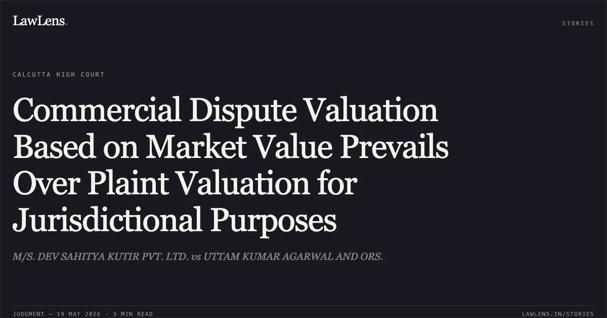 Commercial Dispute Valuation Based on Market Value Prevails Over Plaint Valuation for Jurisdictional Purposes. M/S. DEV SAHITYA KUTIR PVT. LTD. vs UTTAM KUMAR AGARWAL AND ORS.. Calcutta High Court. LawLens