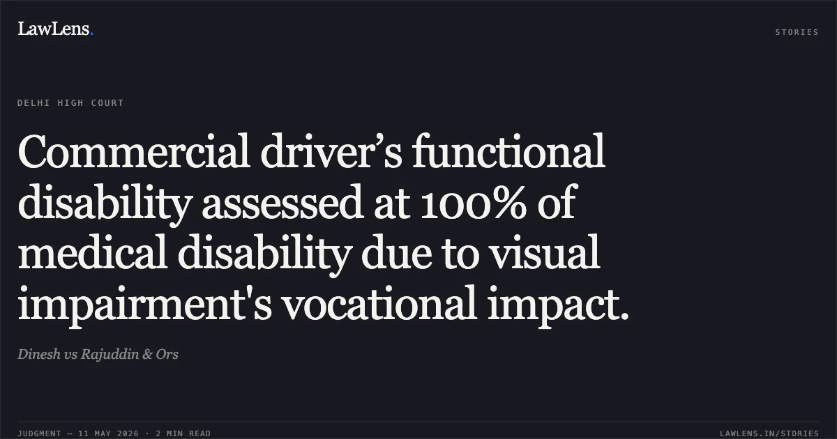 Commercial driver’s functional disability assessed at 100% of medical disability due to visual impairment's vocational impact.. Dinesh vs Rajuddin & Ors. Delhi High Court. LawLens