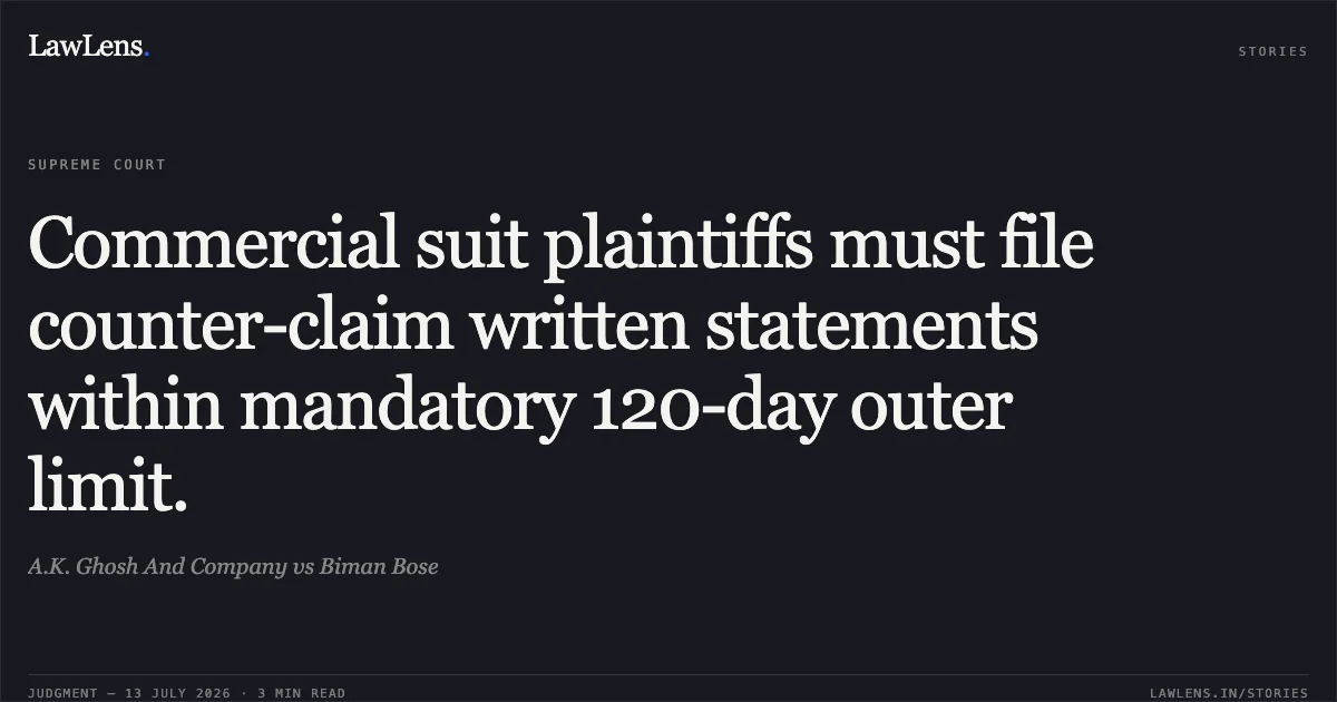Commercial suit plaintiffs must file counter-claim written statements within mandatory 120-day outer limit.. A.K. Ghosh And Company vs Biman Bose. Supreme Court. LawLens