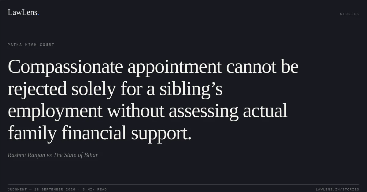 Compassionate appointment cannot be rejected solely for a sibling’s employment without assessing actual family financial support.. Rashmi Ranjan vs The State of Bihar. Patna High Court. LawLens