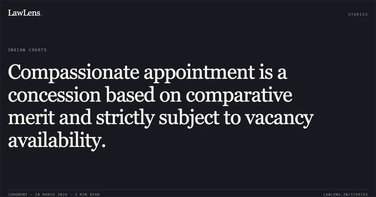 Compassionate appointment is a concession based on comparative merit and strictly subject to vacancy availability.. LALLOO DECEASD REPRESENTED THROUGH LR RAKESH KUMAR vs Union Of India. Central Administrative Tribunal. LawLens