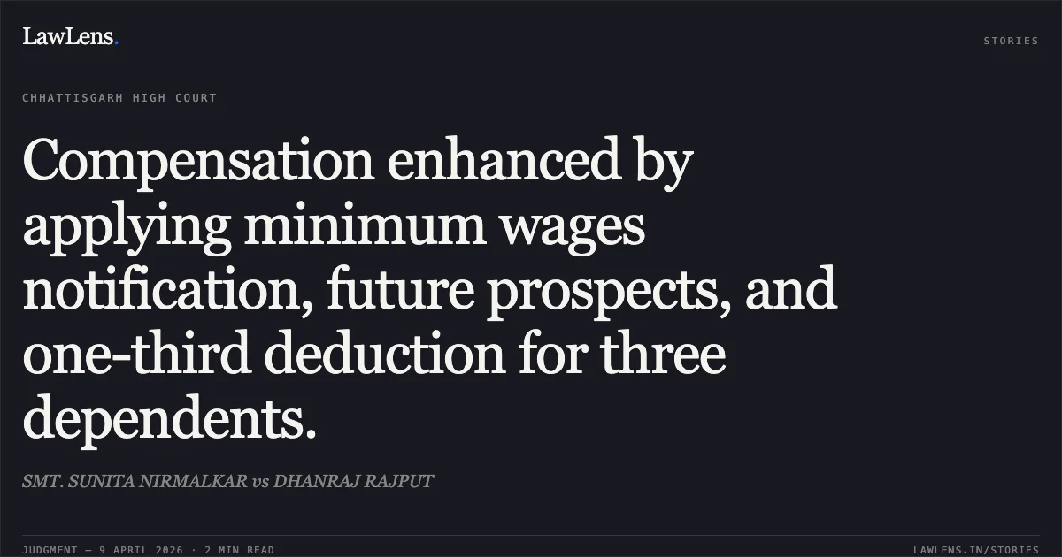 Compensation enhanced by applying minimum wages notification, future prospects, and one-third deduction for three dependents.. SMT. SUNITA NIRMALKAR vs DHANRAJ RAJPUT. Chhattisgarh High Court. LawLens