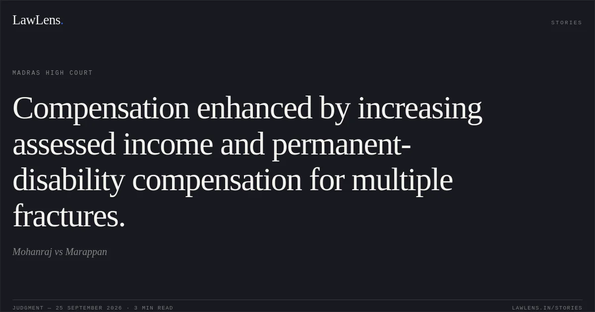 Compensation enhanced by increasing assessed income and permanent-disability compensation for multiple fractures.. Mohanraj vs Marappan. Madras High Court. LawLens