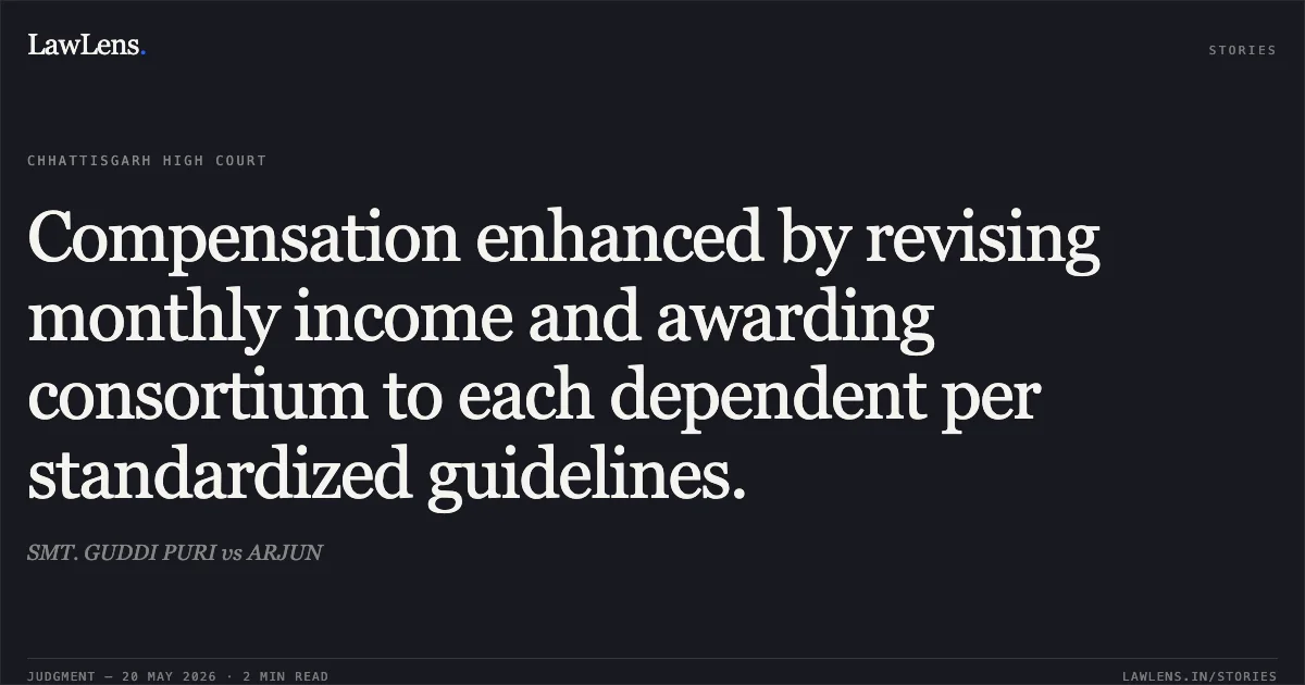 Compensation enhanced by revising monthly income and awarding consortium to each dependent per standardized guidelines.. SMT. GUDDI PURI vs ARJUN. Chhattisgarh High Court. LawLens