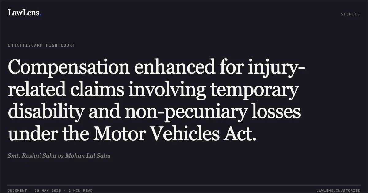 Compensation enhanced for injury-related claims involving temporary disability and non-pecuniary losses under the Motor Vehicles Act.. Smt. Roshni Sahu vs Mohan Lal Sahu. Chhattisgarh High Court. LawLens
