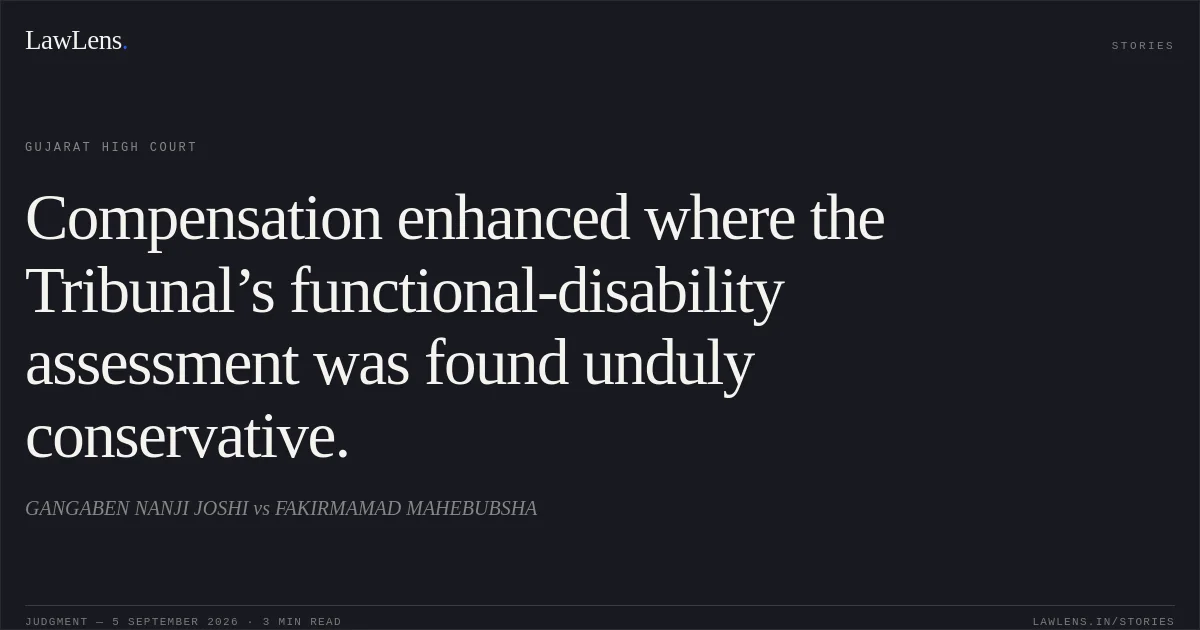 Compensation enhanced where the Tribunal’s functional-disability assessment was found unduly conservative.. GANGABEN NANJI JOSHI vs FAKIRMAMAD MAHEBUBSHA. Gujarat High Court. LawLens