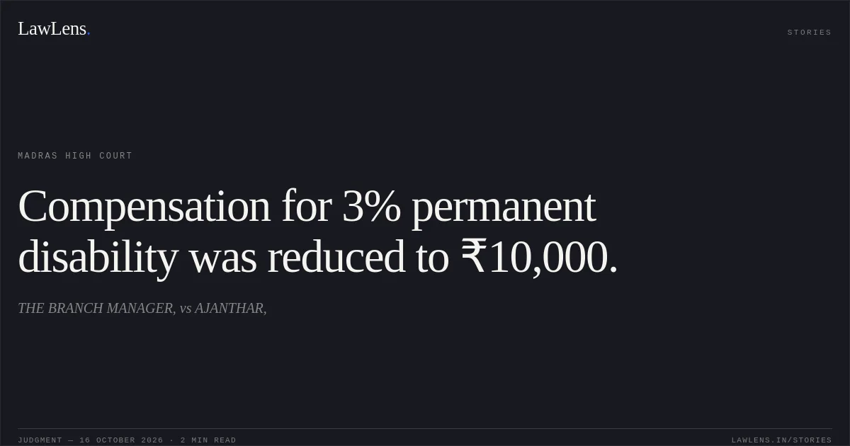 Compensation for 3% permanent disability was reduced to ₹10,000.. THE BRANCH MANAGER, vs AJANTHAR,. Madras High Court. LawLens