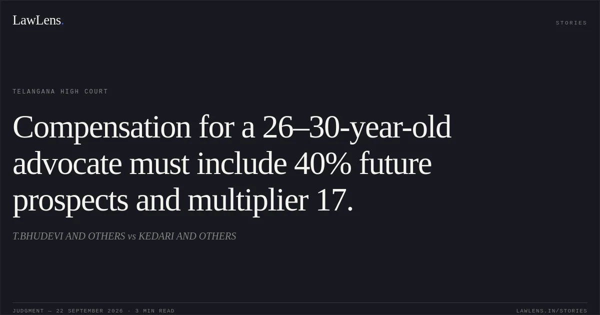 Compensation for a 26–30-year-old advocate must include 40% future prospects and multiplier 17.. T.BHUDEVI AND OTHERS vs KEDARI AND OTHERS. Telangana High Court. LawLens