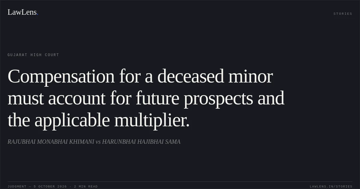 Compensation for a deceased minor must account for future prospects and the applicable multiplier.. RAJUBHAI MONABHAI KHIMANI vs HARUNBHAI HAJIBHAI SAMA. Gujarat High Court. LawLens