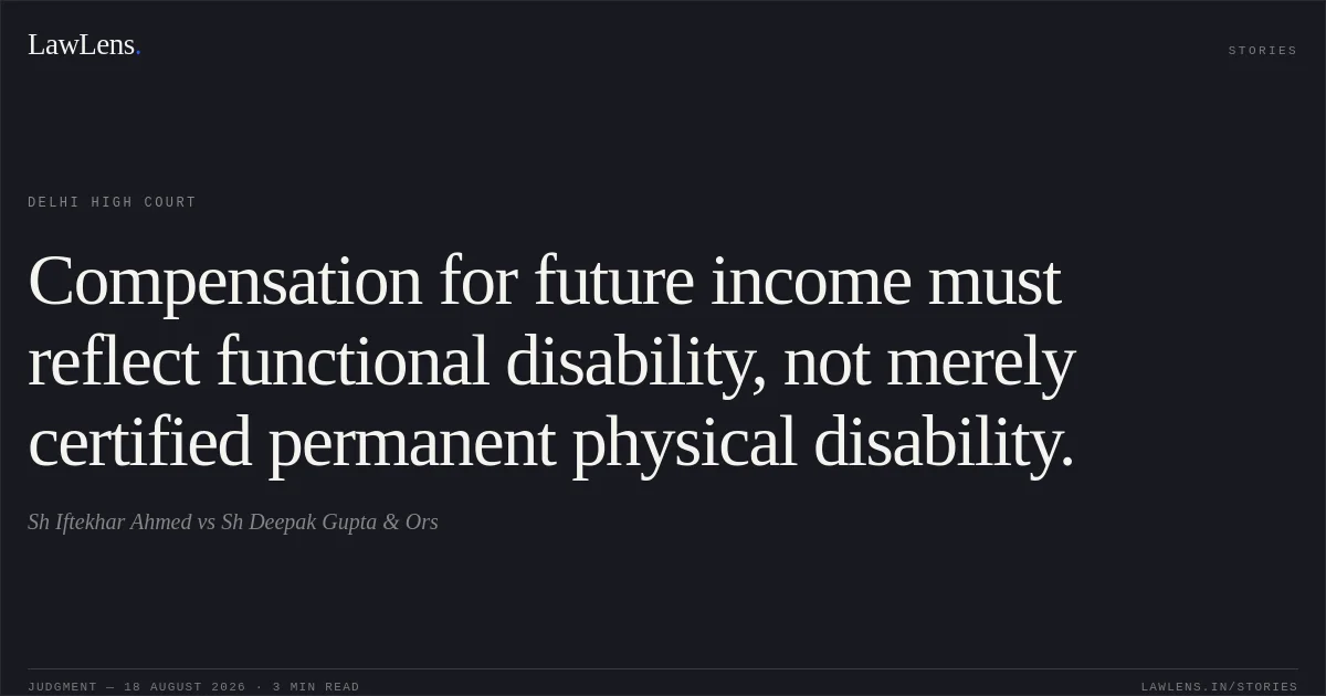 Compensation for future income must reflect functional disability, not merely certified permanent physical disability.. Sh Iftekhar Ahmed vs Sh Deepak Gupta & Ors. Delhi High Court. LawLens