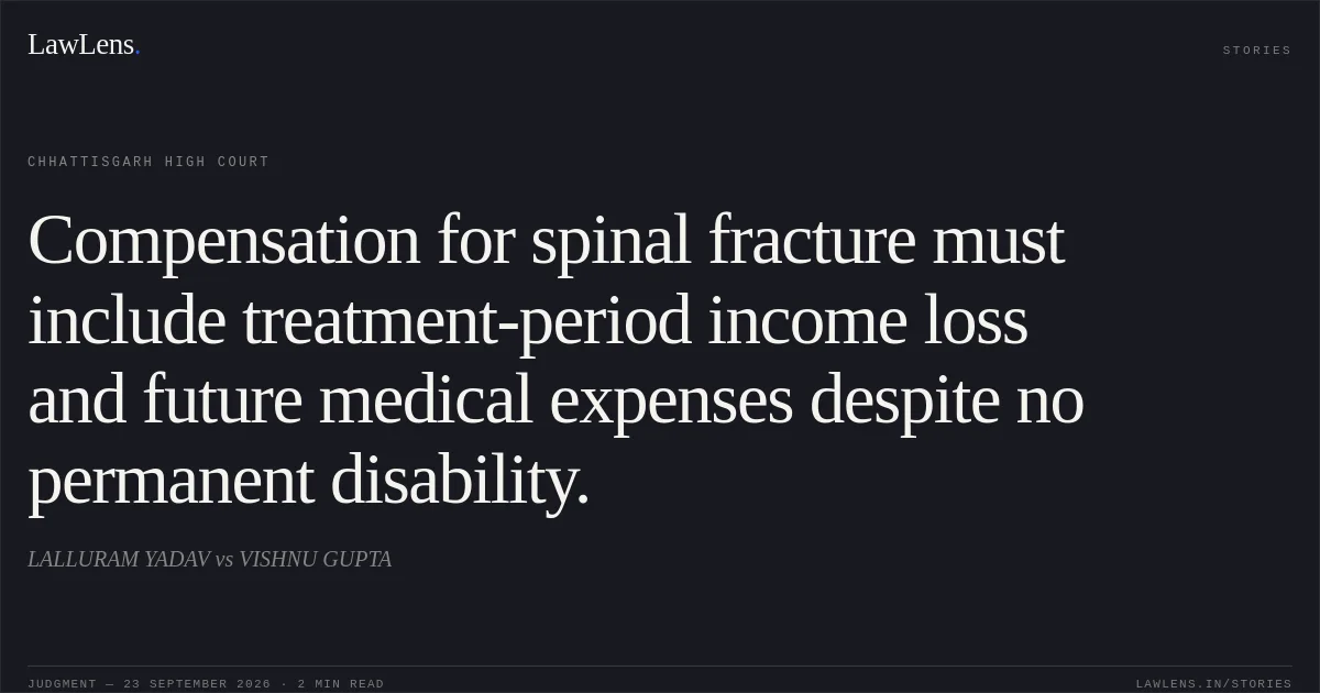 Compensation for spinal fracture must include treatment-period income loss and future medical expenses despite no permanent disability.. LALLURAM YADAV vs VISHNU GUPTA. Chhattisgarh High Court. LawLens