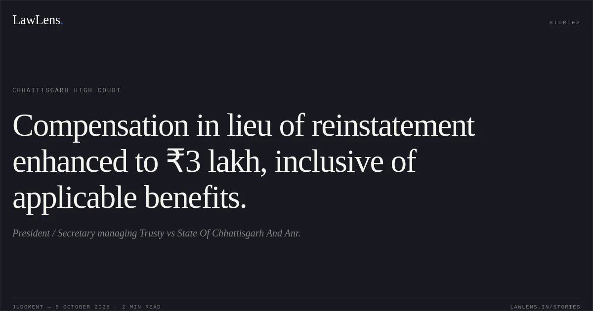 Compensation in lieu of reinstatement enhanced to ₹3 lakh, inclusive of applicable benefits.. President / Secretary managing Trusty vs State Of Chhattisgarh And Anr.. Chhattisgarh High Court. LawLens