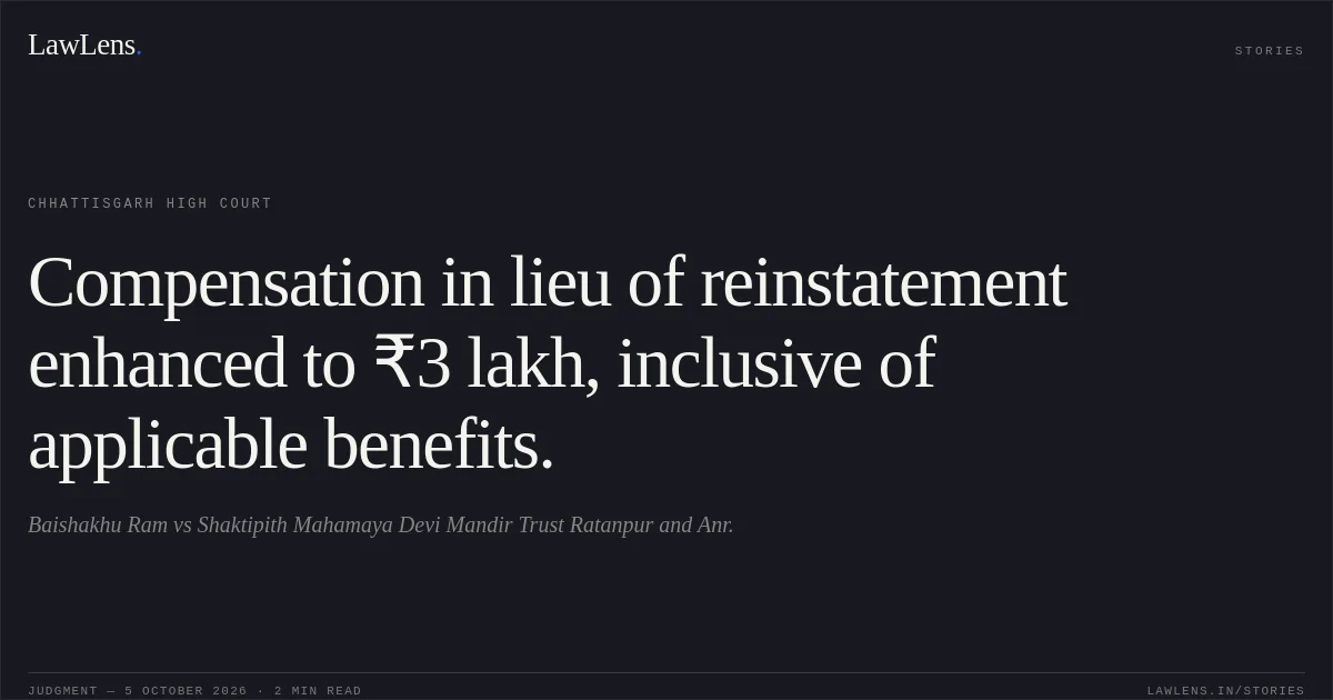 Compensation in lieu of reinstatement enhanced to ₹3 lakh, inclusive of applicable benefits.. Baishakhu Ram vs Shaktipith Mahamaya Devi Mandir Trust Ratanpur and Anr.. Chhattisgarh High Court. LawLens