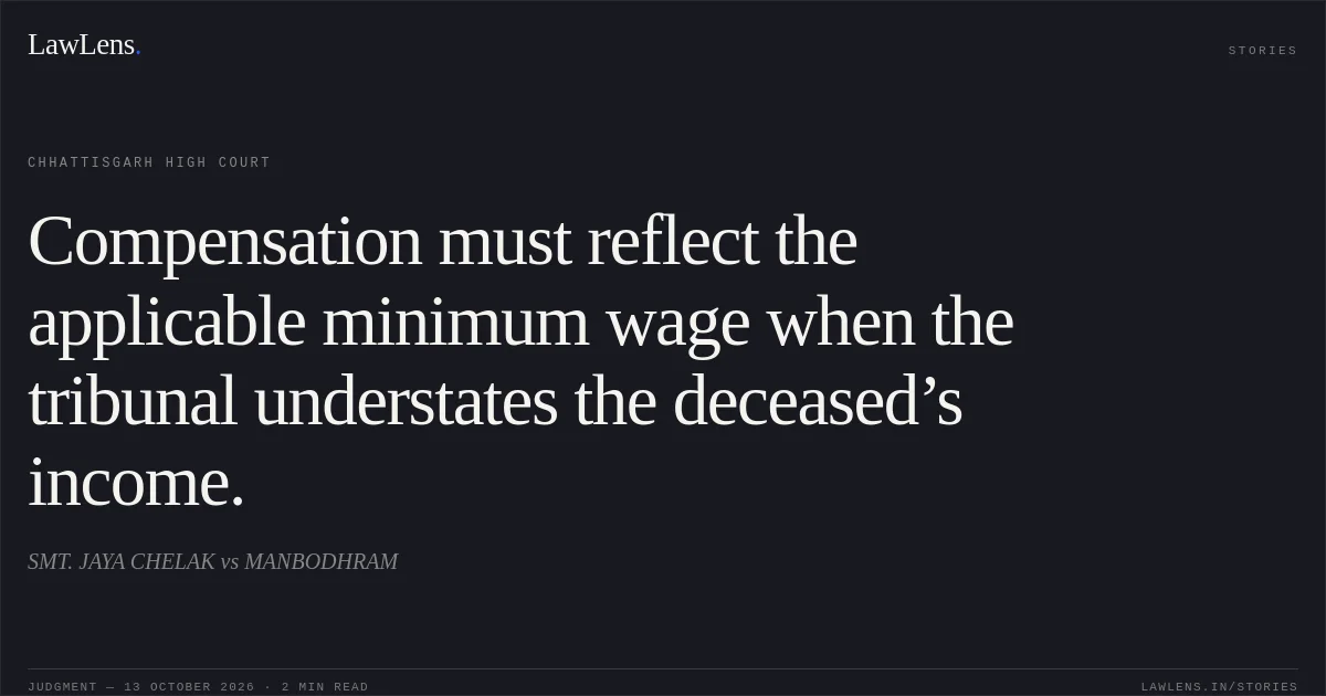 Compensation must reflect the applicable minimum wage when the tribunal understates the deceased’s income.. SMT. JAYA CHELAK vs MANBODHRAM. Chhattisgarh High Court. LawLens