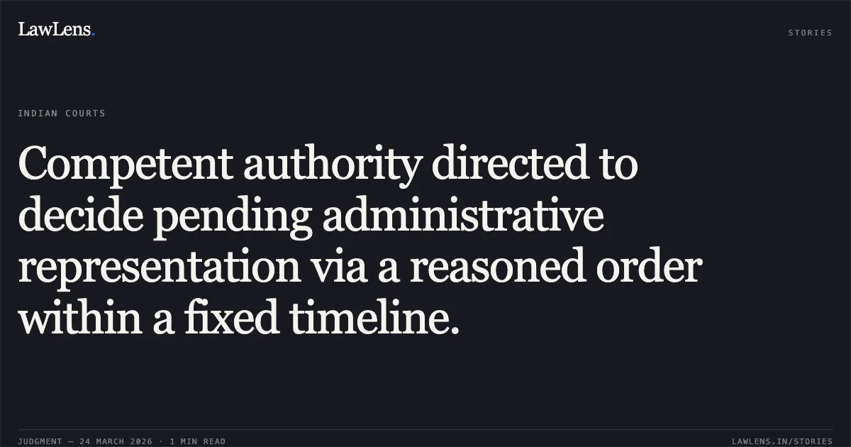 Competent authority directed to decide pending administrative representation via a reasoned order within a fixed timeline.. Narendra Kumar Sharma vs SOUTHERN RAILWAY. Central Administrative Tribunal. LawLens