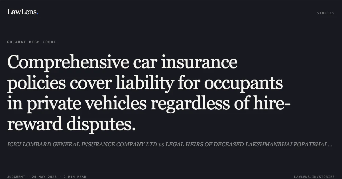 Comprehensive car insurance policies cover liability for occupants in private vehicles regardless of hire-reward disputes.. ICICI LOMBARD GENERAL INSURANCE COMPANY LTD vs LEGAL HEIRS OF DECEASED LAKSHMANBHAI POPATBHAI BADMALIYA. Gujarat High Court. LawLens