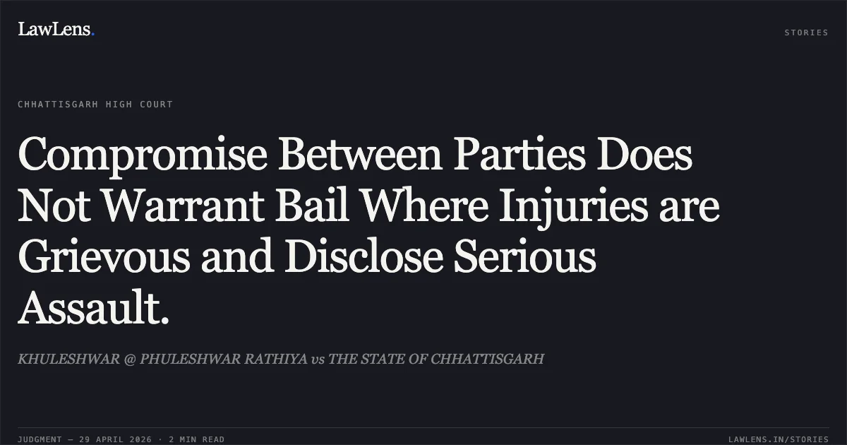 Compromise Between Parties Does Not Warrant Bail Where Injuries are Grievous and Disclose Serious Assault.. KHULESHWAR @ PHULESHWAR RATHIYA vs THE STATE OF CHHATTISGARH. Chhattisgarh High Court. LawLens