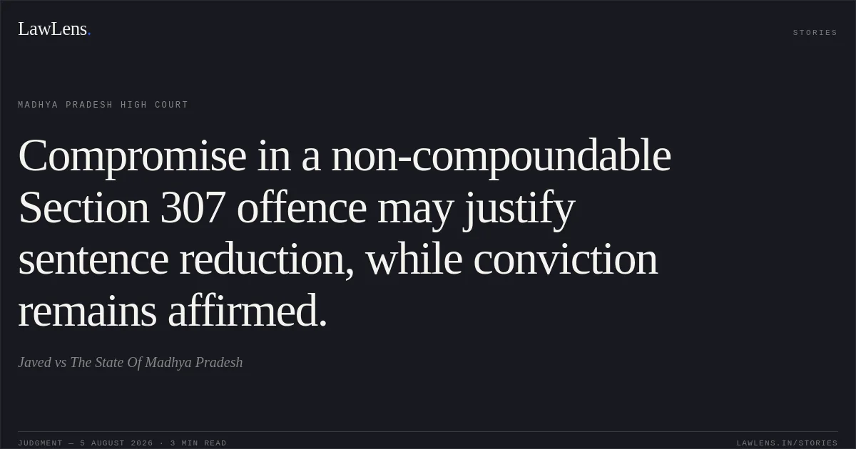 Compromise in a non-compoundable Section 307 offence may justify sentence reduction, while conviction remains affirmed.. Javed vs The State Of Madhya Pradesh. Madhya Pradesh High Court. LawLens