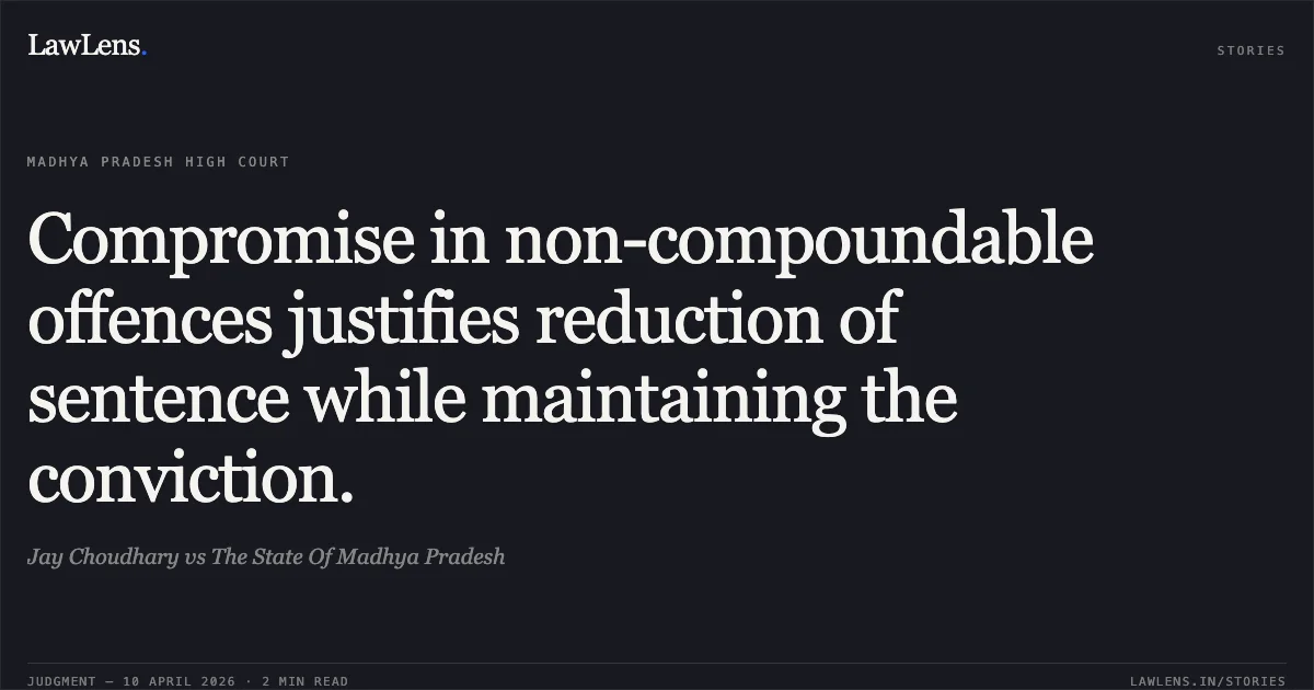 Compromise in non-compoundable offences justifies reduction of sentence while maintaining the conviction.. Jay Choudhary vs The State Of Madhya Pradesh. Madhya Pradesh High Court. LawLens