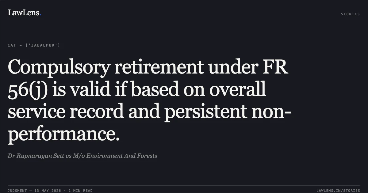 Compulsory retirement under FR 56(j) is valid if based on overall service record and persistent non-performance.. Dr Rupnarayan Sett vs M/o Environment And Forests. Central Administrative Tribunal. LawLens