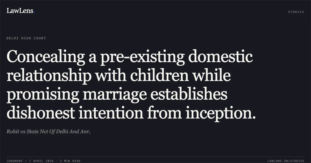 Concealing a pre-existing domestic relationship with children while promising marriage establishes dishonest intention from inception.. Rohit vs State Nct Of Delhi And Anr,. Delhi High Court. LawLens