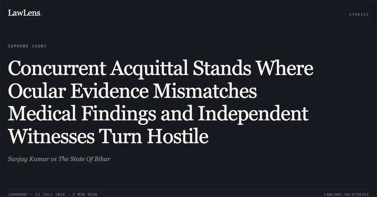 Concurrent Acquittal Stands Where Ocular Evidence Mismatches Medical Findings and Independent Witnesses Turn Hostile. Sanjay Kumar vs The State Of Bihar. Supreme Court. LawLens