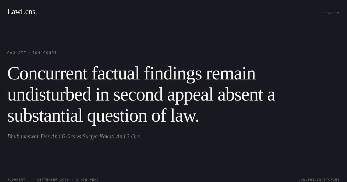 Concurrent factual findings remain undisturbed in second appeal absent a substantial question of law.. Bhubaneswar Das And 6 Ors vs Surjya Kakati And 3 Ors. Gauhati High Court. LawLens
