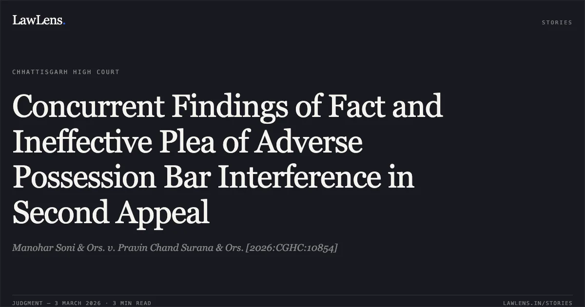 Concurrent Findings of Fact and Ineffective Plea of Adverse Possession Bar Interference in Second Appeal. Manohar Soni & Ors. v. Pravin Chand Surana & Ors. [2026:CGHC:10854]. Chhattisgarh High Court. LawLens