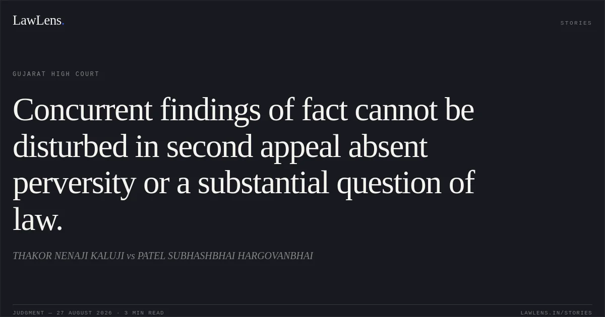 Concurrent findings of fact cannot be disturbed in second appeal absent perversity or a substantial question of law.. THAKOR NENAJI KALUJI vs PATEL SUBHASHBHAI HARGOVANBHAI. Gujarat High Court. LawLens